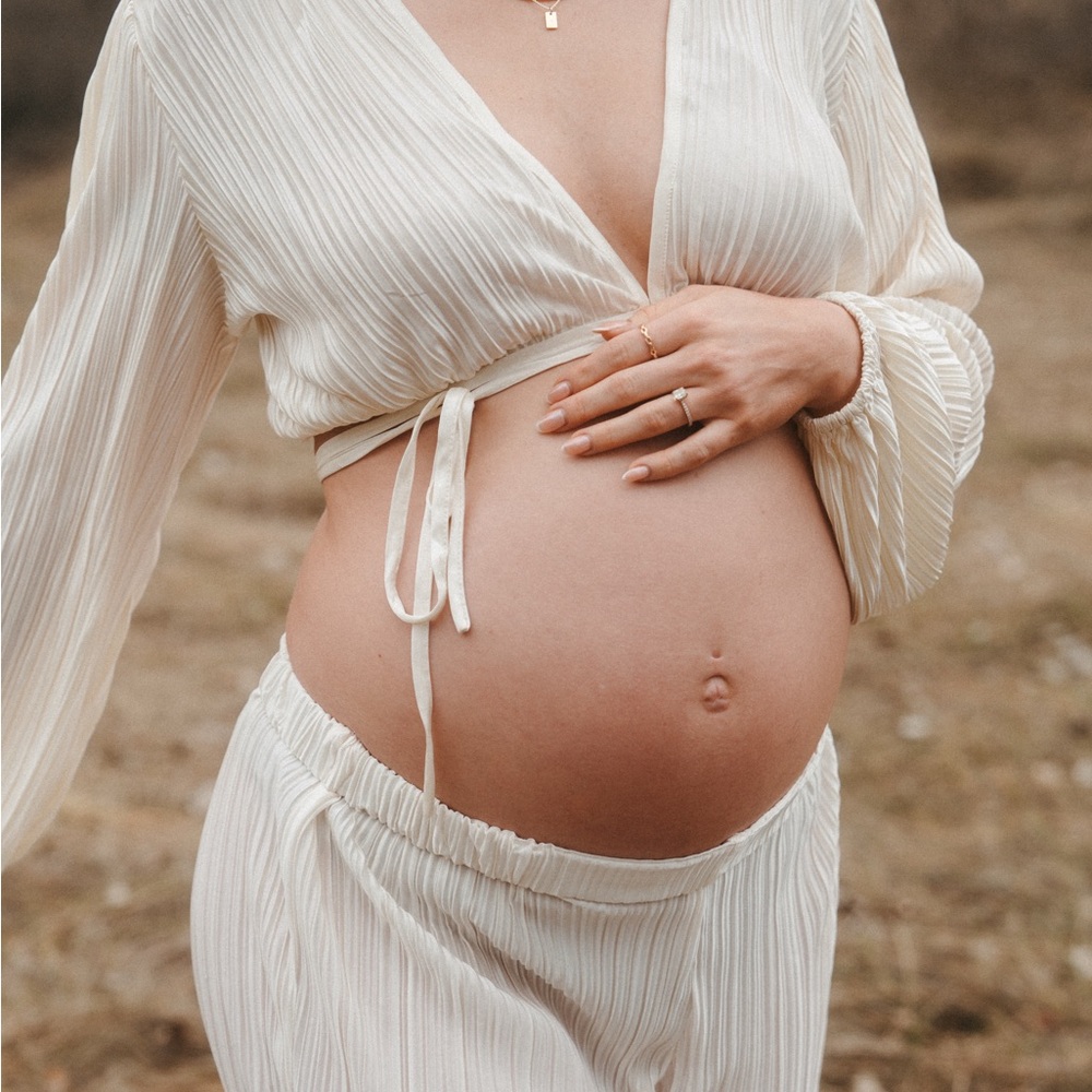 Showpo Cream Plisse Maternity Jumpsuit